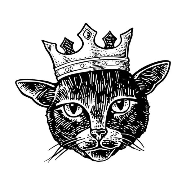 Testa di gatto con corona. Incisione nera vettoriale vintage — Vettoriale Stock