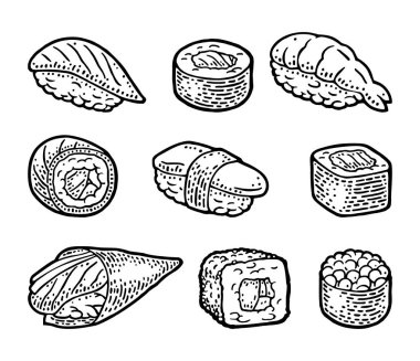 Wasabi, nigiri, maki, uramaki, temaki, philadelphia, ikura ve soya sosuyla suşi hazırla. Beyaz arka planda izole edilmiş. Klasik siyah monokrom vektör oymacılığı