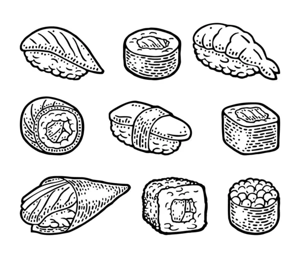设置寿司与芥末 乌拉麦 Ikura 酱油碗 被白色背景隔离 复古黑色单色矢量雕刻 — 图库矢量图片