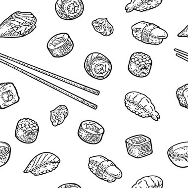 Kusursuz desenli suşi. Çubuk, wasabi, nigiri, maki, uramaki, temaki, philadelphia, ikura, soya sosu kasede, beyaza izole edilmiş. Klasik siyah vektör oymacılığı