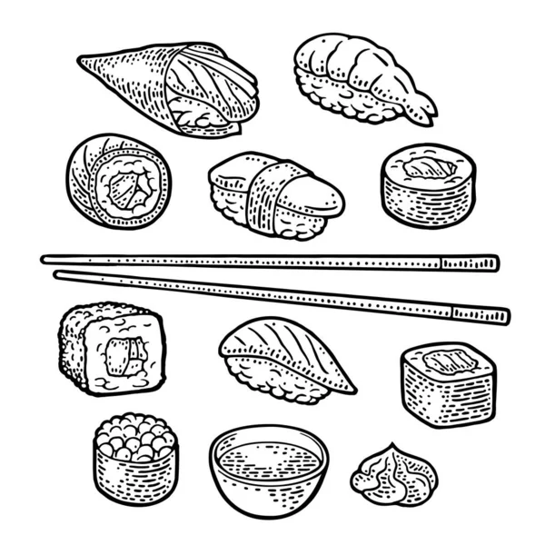 设置寿司 乌拉麦 酱油在碗里 被白色隔离了老式黑色矢量雕刻 — 图库矢量图片
