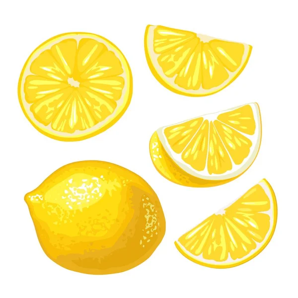 Lemon Utuh Dan Teriris Terisolasi Latar Belakang Putih Ilustrasi Datar - Stok Vektor
