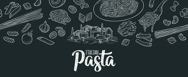 Conjunto Padrões Com Diferentes Tipos Massas Italian Pasta Caligrafia Letras — Vetor de Stock