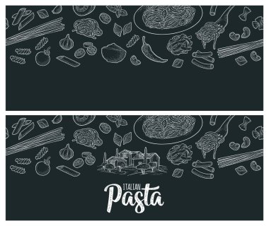 Farklı türde makarna ile desen ayarlandı. Vektör vintage oymacılığı