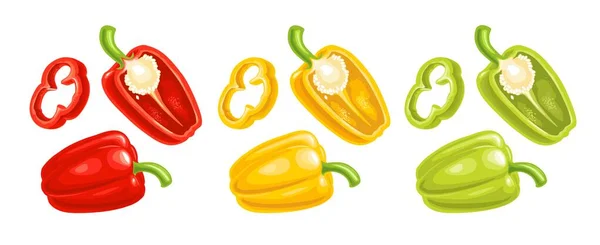 Hela röd, grön och gul paprika. Vektor färg realistisk illustration — Stock vektor