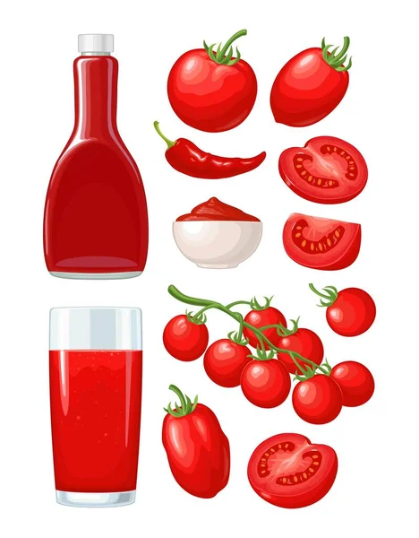 Definir tomates. Ramo, inteiro e fatia. Ilustração de cor plana vetorial. — Vetor de Stock