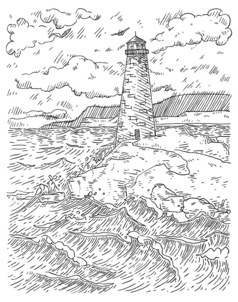 Panorama mer avec phare, rochers, nuages. Isolé sur blanc. Gravure noire vintage — Image vectorielle