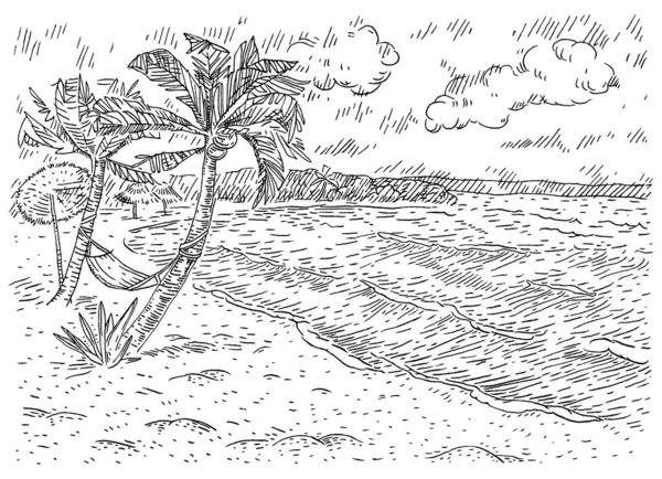 Панорама море с пальмой, пляж, гамак, зонтик, облака. Винтажная чёрная гравировка — стоковый вектор