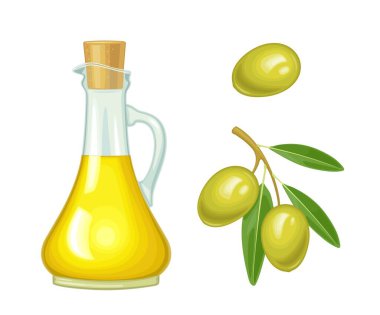 Şişe mantarlı cam yağ ve yapraklı dal. Beyaz arkaplanda izole edilmiş etiket, poster ve web için renk vektörü gerçekçi illüstrasyon