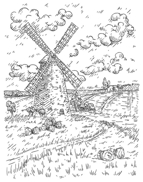 Windmill Wheat Field Vintage Vector Black Engraving Illustration Isolated White — Stock Vector