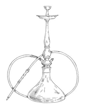 Nargile. Beyaz arkaplanda izole edilmiş klasik oyma siyah vektör çizimi.