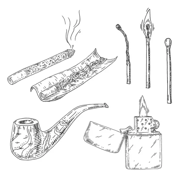 Установите Курительные Табачные Элементы Зажигалка Трубка Сигареты Ручной Работы Фильтром — стоковый вектор