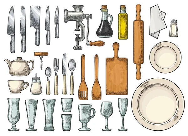 Set Utensilios de cocina. Grabado vintage vectorial aislado en blanco — Archivo Imágenes Vectoriales