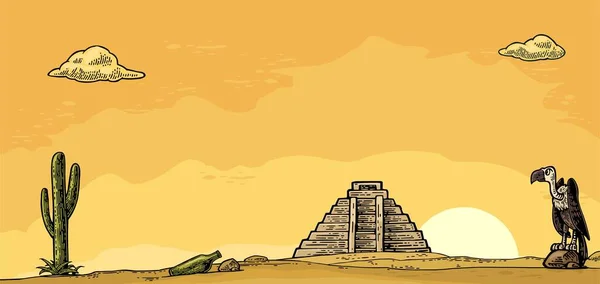 Panorama Woestijnlandschap Met Griffioen Cactus Wolk Piramide Zonsondergang Hemel Vector — Stockvector