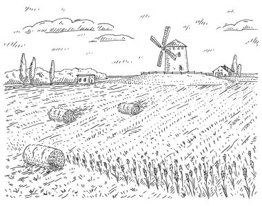 Buğday tarlasında yel değirmeni. Vintage vektör siyah gravür çizimi
