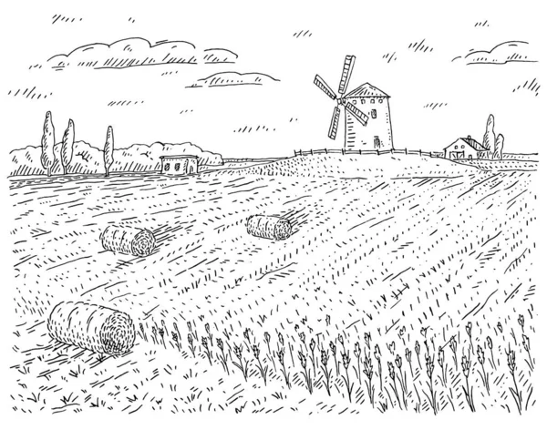 Molino de viento en campo de trigo. Vintage vector negro grabado ilustración — Vector de stock