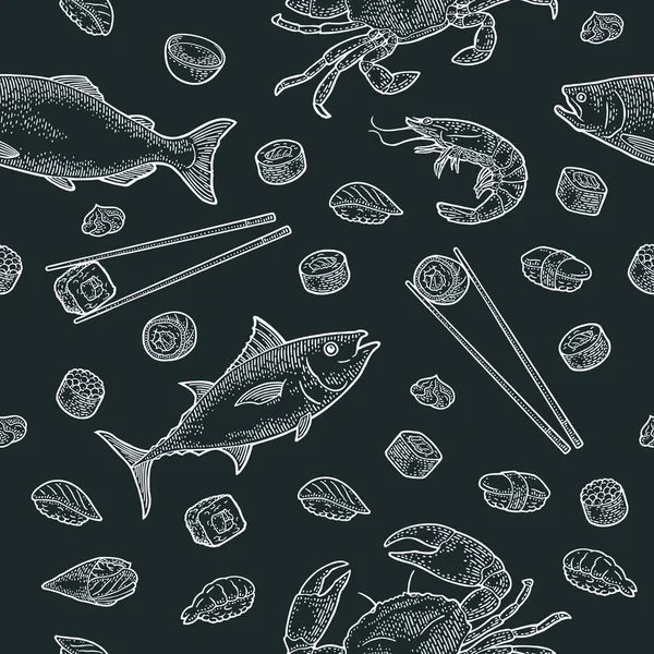 Sushi sin costuras. Aislado sobre blanco. Vintage grabado vector negro — Archivo Imágenes Vectoriales