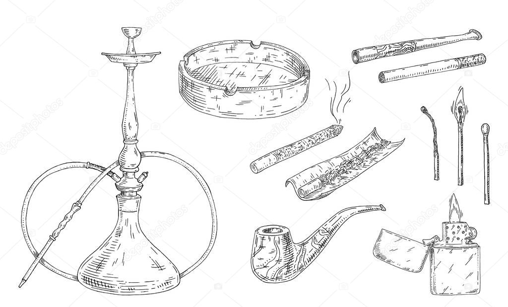 Set smoking tobacco elements. Vector vintage engraving isolated on white background