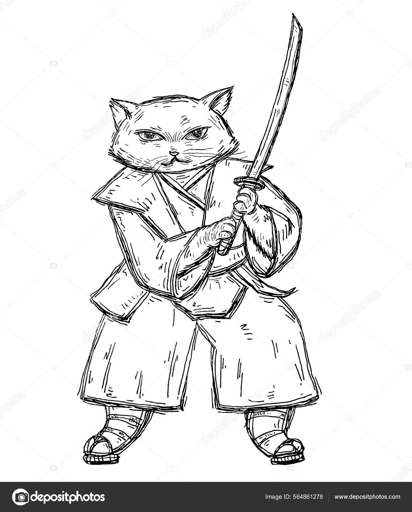 Lindo gato ninja segurando uma espada