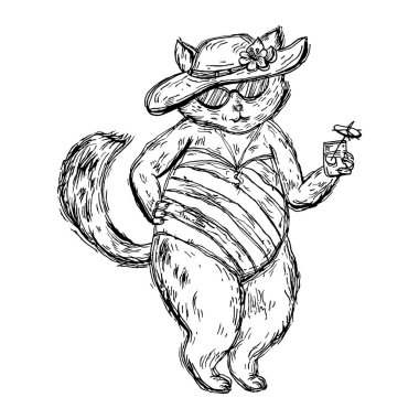 Mayolu kedi, plaj şapkası, bardaklar ve şemsiyeli kokteyl. Beyaz üzerine izole edilmiş klasik siyah yumurta çizimi. Tişört ve poster için el çizimi tasarım ögesi