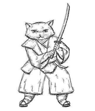 Samuray kılıcı tutan ve Japon kimonosu ve sandaleti giyen bir kedi. Vintage vektör siyah kabartma çizimi. Beyaz arka planda izole edilmiş. Poster ve tişört için el çizimi tasarım ögesi