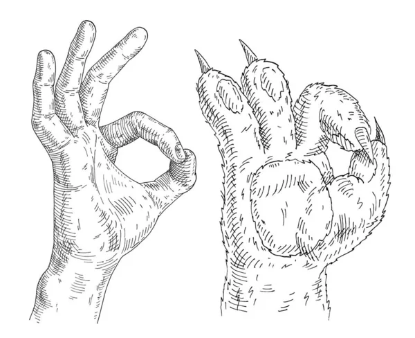 Cat Paw Human Hand Sign Showing Sign Okay Vintage Vector — Vector de stock