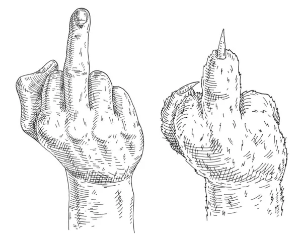Cat Paw Human Hand Show Middle Finger Sign Fuck You — Vetor de Stock