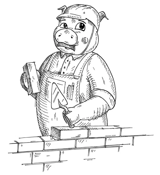 Pig Dressed Overall Construction Helmet Holding Brick Trowel Vintage Vector — 스톡 벡터