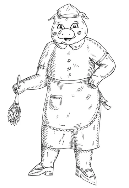 Pig Dressed Maid Costume Wipes Dust Vintage Vector Monochrome Hatching — ストックベクタ