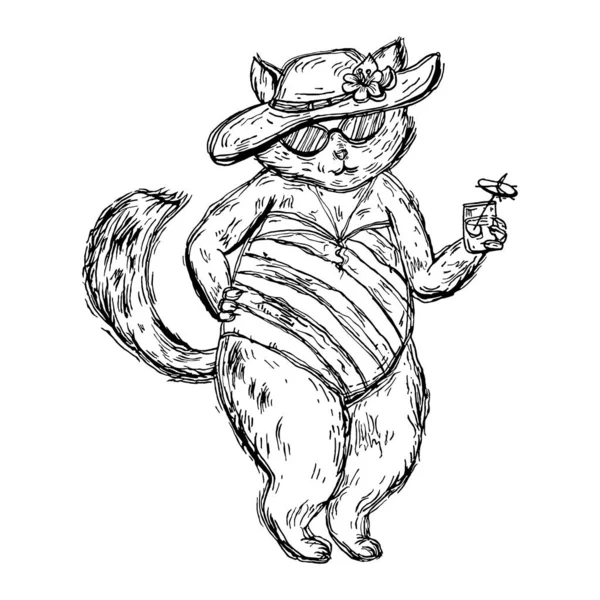 Mayolu kedi, plaj şapkası, bardaklar ve şemsiyeli kokteyl. Beyaz üzerine izole edilmiş klasik siyah yumurta çizimi. Tişört ve poster için el çizimi tasarım ögesi