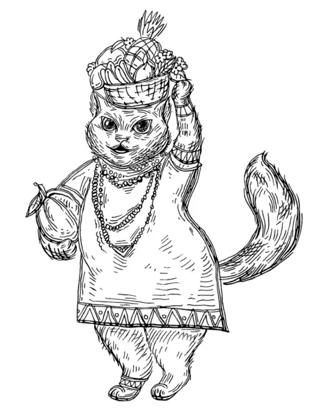 Afrika kıyafeti giymiş kedi kafasında meyveler olan bir sepet taşıyor. Beyaz arkaplanda izole edilmiş klasik siyah taşıyıcı kuluçkaya yatma çizimi. Tişört için el çizimi tasarımı