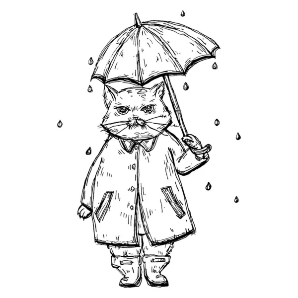 Gatto Scontento Vestito Con Impermeabile Sotto Ombrello Sotto Pioggia Vintage — Vettoriale Stock
