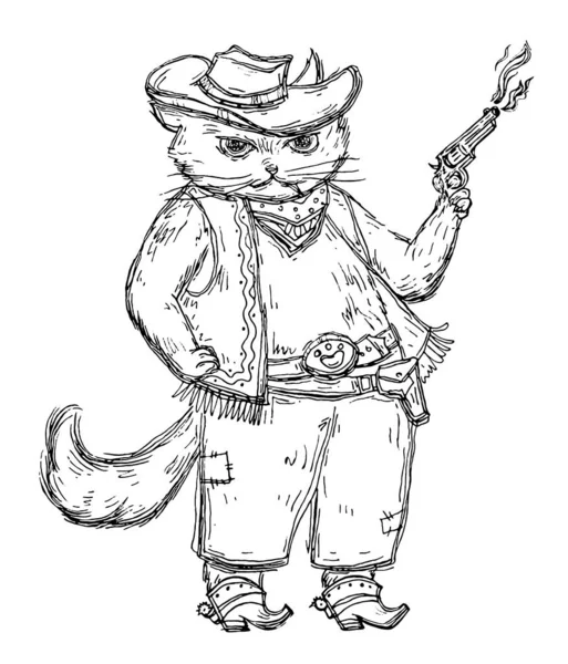 Cat Cowboy Holding Revolver Dressed Hat Waistcoat Boots Spurs Vintage — ストックベクタ