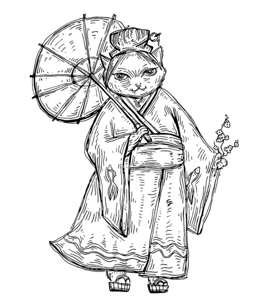 Gato Vestido Quimono Com Guarda Chuva Ilustração Eclosão Vetorial Monocromática — Vetor de Stock