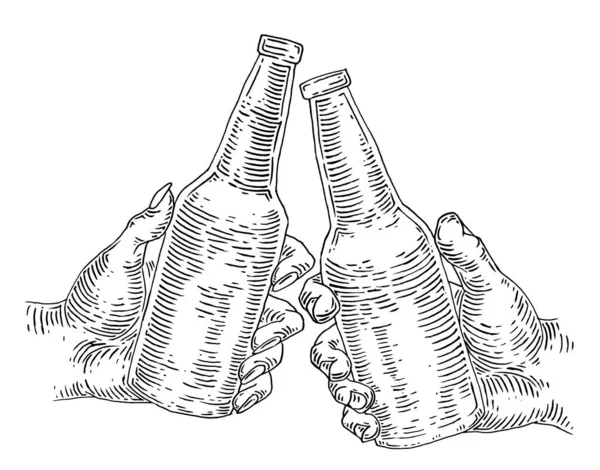 Two hands holding and clinking beer bottle. Vintage engraving — Image vectorielle