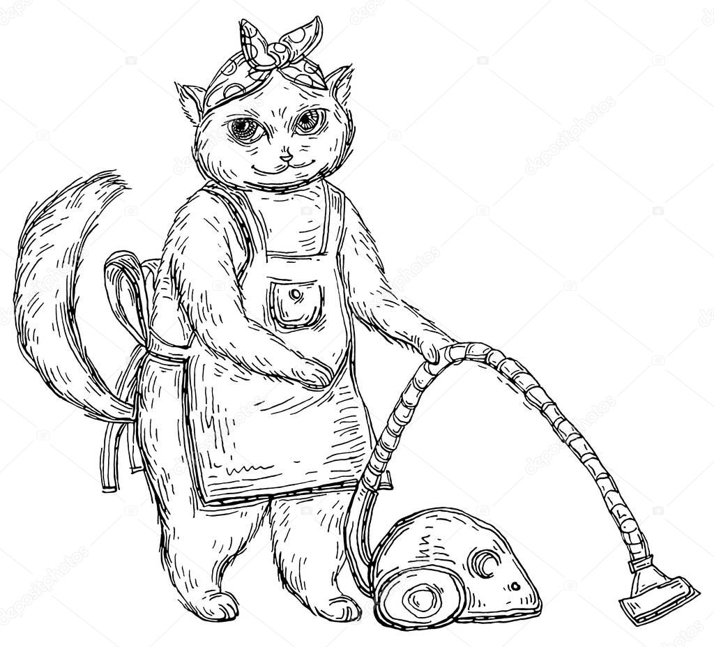 Cat dressed in apron with a vacuum cleaner in hand. Side view. Vintage vector black hatching illustration isolated on white background. Hand drawn design for t-shirt