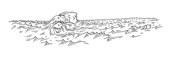 Des Vagues Gravure Vectorielle Vintage Monochrome Noir Illustration Isolé Sur — Image vectorielle