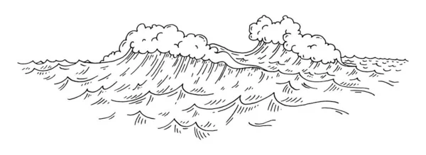 海の波 ヴィンテージベクトル彫刻モノクロームブラックイラスト 白い背景に隔離されている 手描きハッチ — ストックベクタ