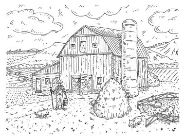 Yaba tutan çiftçi. Vintage vektör oyması monokrom siyah çizim. Beyaz arka planda izole edilmiş. El çizimi kuluçka