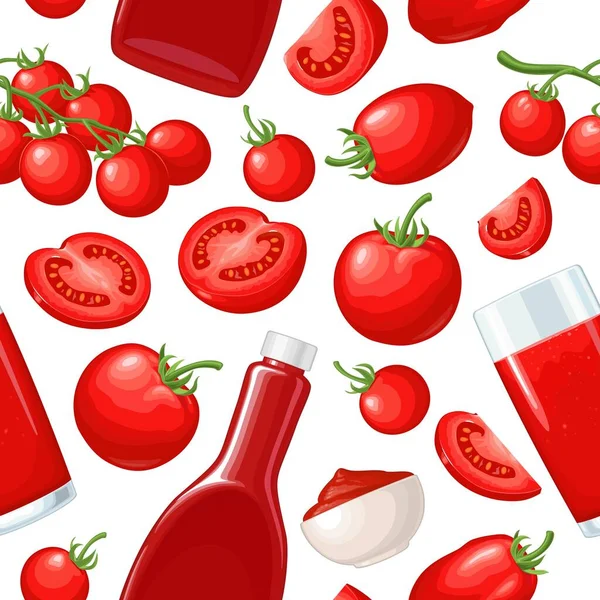 Seamless Pattern Ketchup Bottle Sauce Plate Juice Branch Half Slice — 图库矢量图片