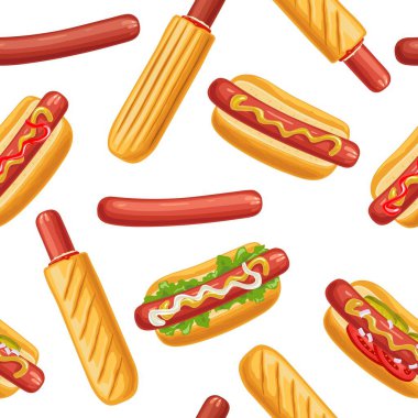 Domatesli, ketçaplı, mayonezli, salatalıklı, hardallı, soğanlı 6 farklı sosisli. Beyaz arkaplanda izole edilmiş vektör düz renk illüstrasyonu