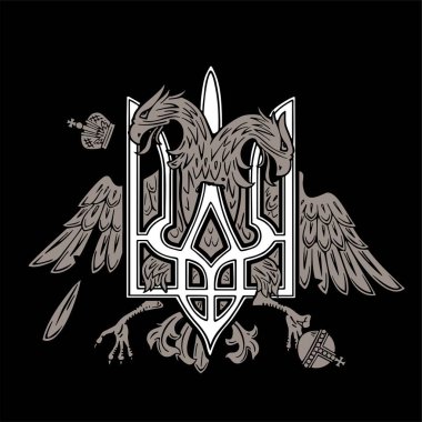 Ukrainian and russian national emblem. Trident and double headed eagle. Vector black and white illustration for badge and sign. Isolated on gray background.
