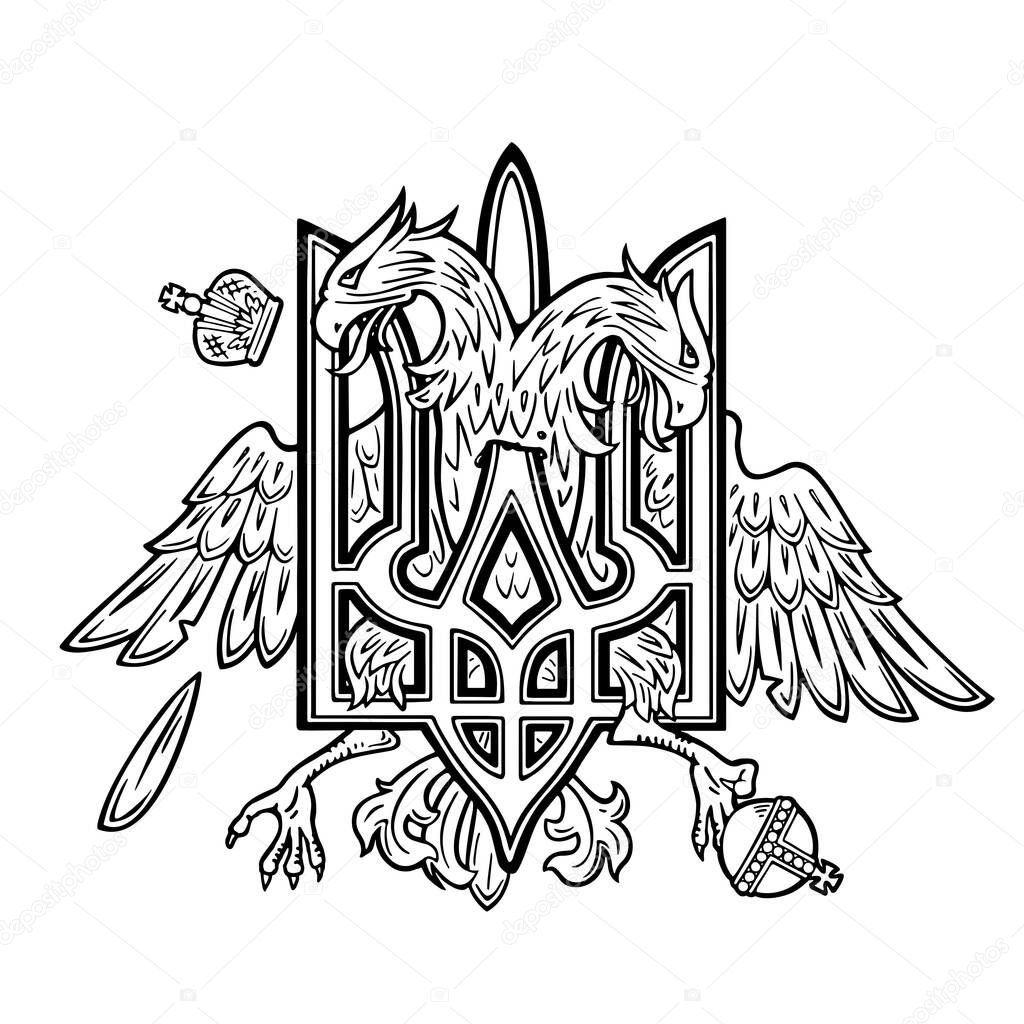 Ukrainian and russian national emblem. Trident and double headed eagle. Vector black illustration for badge and sign. Isolated on white background.