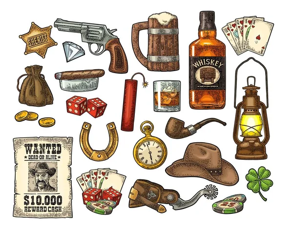 Set Wild West Casino Symbols Sheriff Star Revolver Royal Straight — стоковый вектор