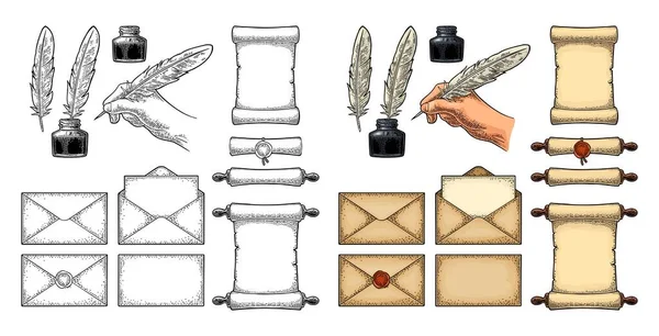 Encre Enveloppes Rouleau Avec Joint Main Tenant Plume Oie Illustration — Image vectorielle