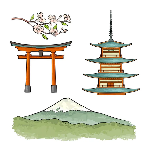 日本の富士山 桜の花と花の枝 ポスター用のヴィンテージカラーベクトル彫刻イラスト 白い背景に隔離されている 手描きデザイン要素 — ストックベクタ