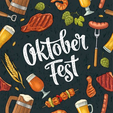 Kusursuz desenli bira bardağı, kömür, sosis, kebap, balık ve biftek. Oktoberfest festivaline davetiye çıkarmak için klasik vektör oymacılığı. El çizimi beyaz tasarım ögesi karanlıkta izole