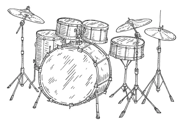 Drum Kit Set Vector Vintage Black Engraving Illustration Isolated White — Stock vektor