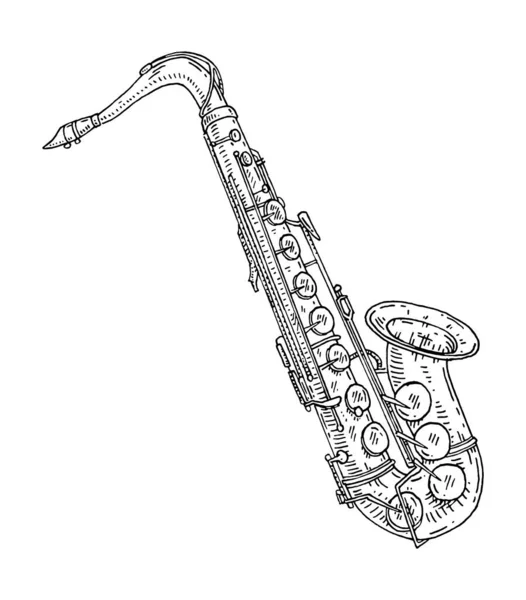 Saxophone Vector Vintage Black Engraving Illustration Isolated White — 图库矢量图片