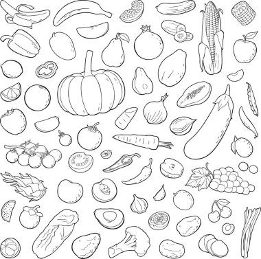 Set vegetables and fruits. Vector black hand drawn vintage illustration. Isolated on the white background.